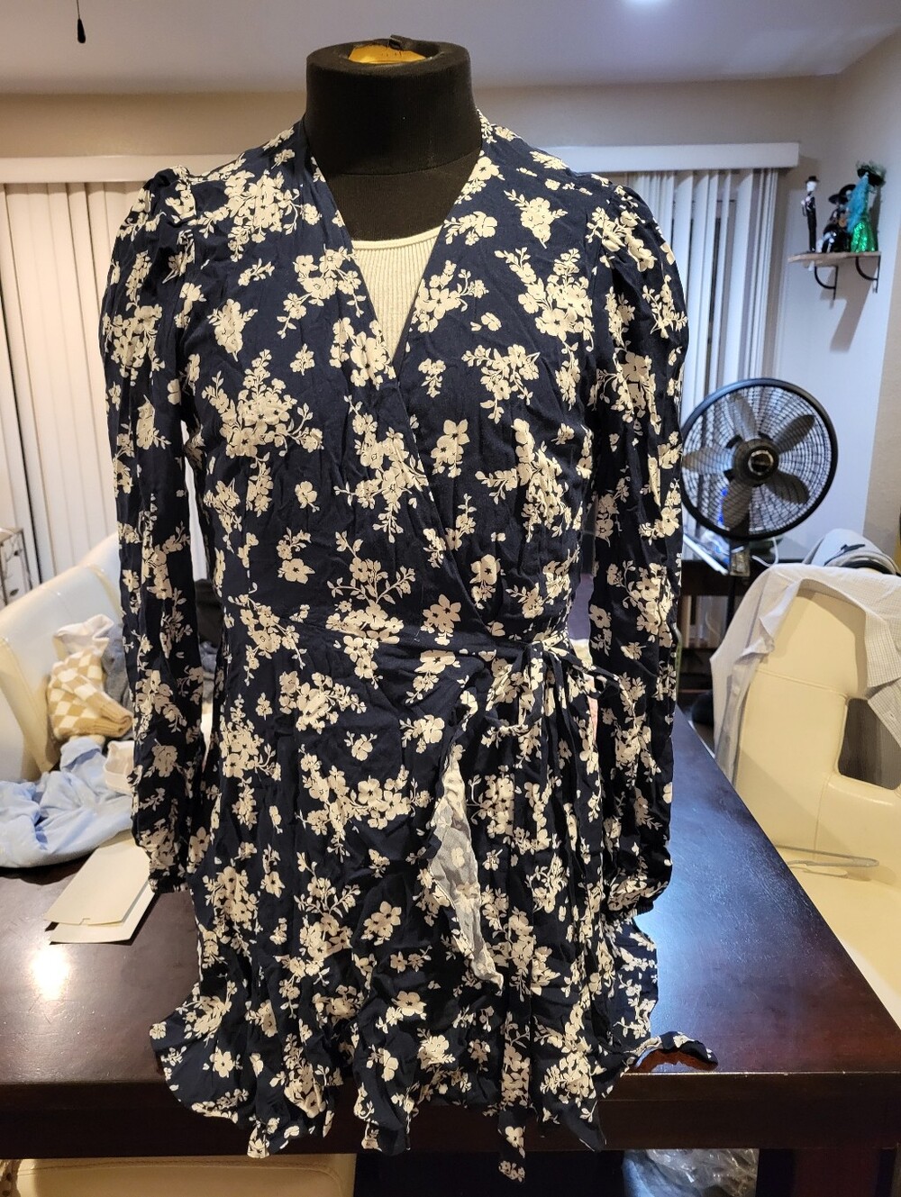 Navy Floral Wrap Dress with White Blossom Print